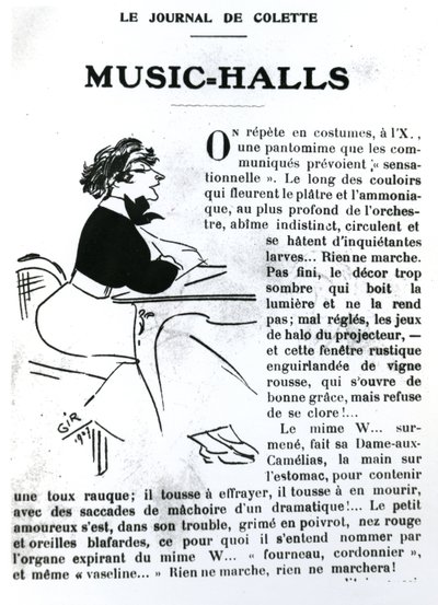 Karikatura Colette z její eseje o Music-Halls ve Vrilles de la Vigne, publikované v La Vie Parisienne, Paříž, 1908 od Charles Felix Gir