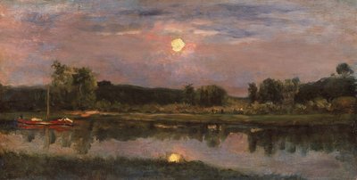 A Moonlit River Landscape, cca 1855 (olej na palubě) od Charles Francois Daubigny