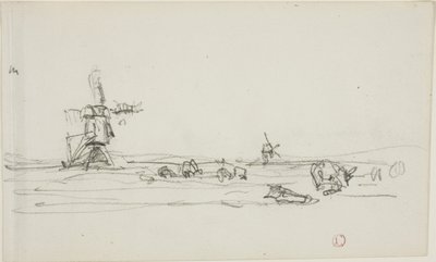 Krajina v Holandsku (recto); skica větrných mlýnů u vody (verso) od Charles Francois Daubigny