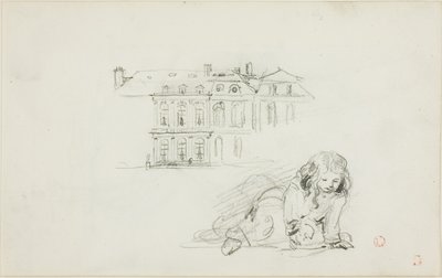 Náčrtky: Hotel de Ville, Tours a hrající si dívka (recto); čáp (verso) od Charles Francois Daubigny