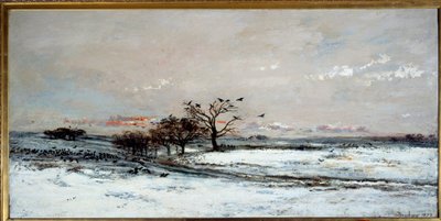 Sněhová krajina v zapadajícím slunci. Obraz Charles Francois Daubigny (1817-1878) od Charles Francois Daubigny