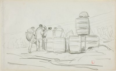 Studie skupiny lidí se sudy (recto); dvě studie ženy při sběru (verso) od Charles Francois Daubigny