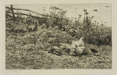 Slepice a její kuřátka od Charles Francois Daubigny