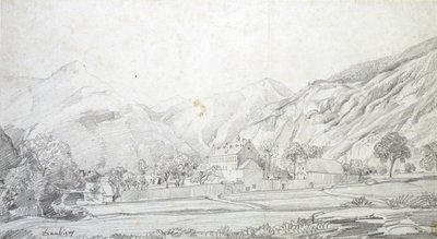 Pohled na budovy v obezděném ohradě s horami v pozadí, polovina 19. století od Charles Francois Daubigny