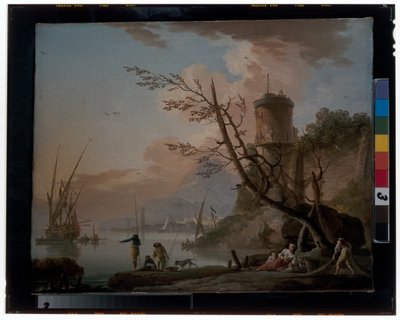 Männer beim Fischen mit Frauen, die unter einem Turm ruhen von Charles-François Grenier de Lacroix