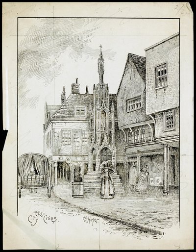 Pohled ze severozápadu na Butter Cross, High Street, Winchester, Hampshire (pero a inkoust na papíře) od Charles George Harper