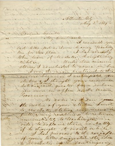 Dopis podepsaný C. Gibsonem [Charles Gibson], Atlantic City, guvernérovi Gambleovi [Hamilton R. Gamble], 2. srpna 1861 od Charles Gibson