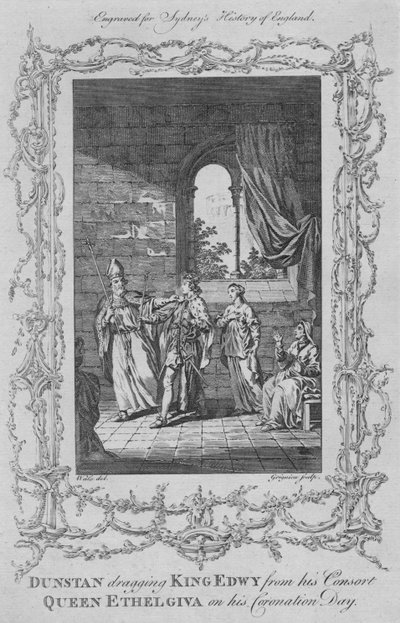 Dunstan táhne krále Edwyho z jeho manželky královny Ethelgiva v den korunovace, 1773. od Charles Grignion
