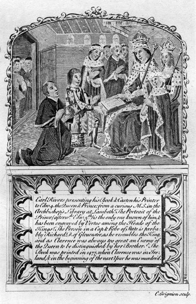 Earl Rivers představuje svou knihu králi Edwardu IV., c1477 koncem 18. nebo začátkem 19. století od Charles Grignion