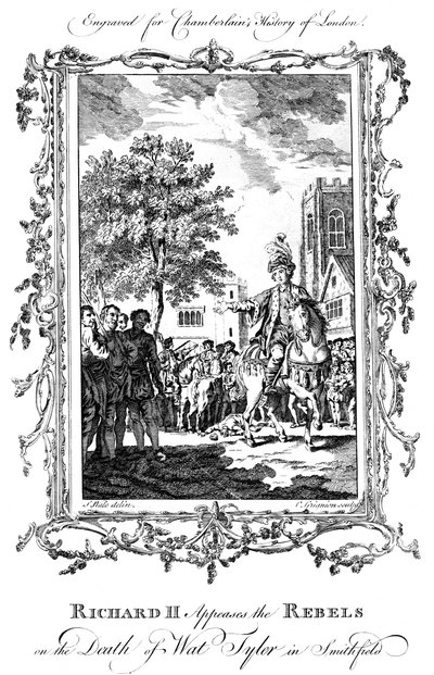 Král Richard II. uklidňuje rebely po smrti Wata Tylera, Smithfield, 19. století. od Charles Grignion