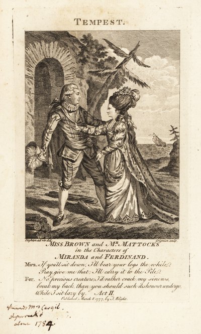 Slečna Ann Brownová a pan George Mattocks v postavách Mirandy a Ferdinanda v operní verzi Bouře Williama Shakespeara, Covent Garden Theatre od Charles Grignion