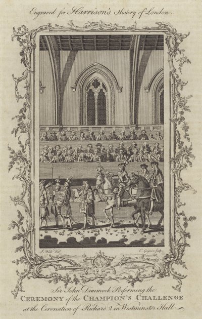 Sir John Dimmock při ceremonii Výzvy šampionů při korunovaci Richarda II. ve Westminster Hall, 1377 od Charles Grignion