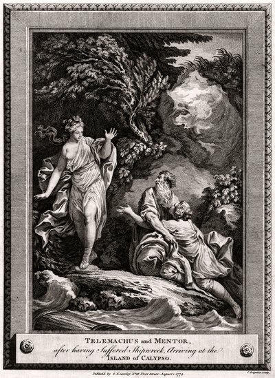 Telemachus a Mentor poté, co utrpěli ztroskotání, dorazí na ostrov Calypso, 1774 od Charles Grignion