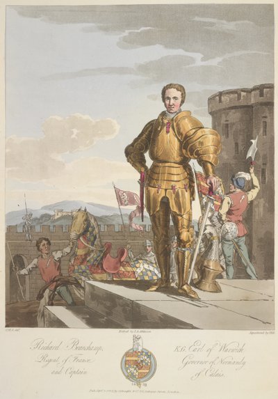 Richard Beauchamp (1381-1439) hrabě z Warwicku, Anno 1439, ilustrace z „Kostým původních obyvatel Britských ostrovů od nejstarších období do 6. století...“ od sira Samuela Rushe Meyricka a C.H. Smith, publikoval 1815 (barva od Charles Hamilton (after) Smith
