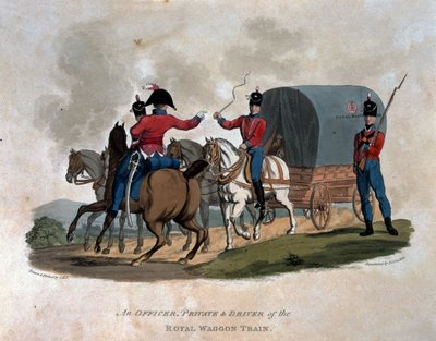 Důstojník, vojín a řidič vlaku Royal Waggon Train, z „Kostýmy armády Britského impéria, podle posledních předpisů z roku 1812“, vyrytý J. C. Stadlerem, vydal Colnaghi und od Charles Hamilton Smith