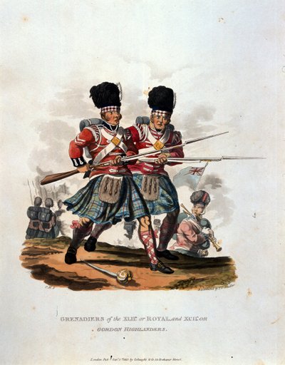 Granátníci 42. (neboli královské) a 141. nebo Gordon Highlanders, z ‚Costumes of the Army of the British Empire, podle posledních předpisů 1812‘, vyryto J.C. Stadlerem, vydal Co. od Charles Hamilton Smith