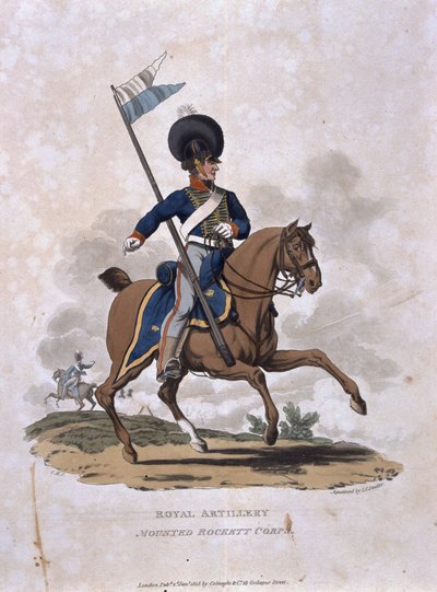Royal Artillery Mounted Rockett Corps, z knihy "Costumes of the Army of the British Empire, according to the last regulations 1812", vyryl J.C. Stadler, vydáno Colnaghi und Co. 1812-15 (coloroure). od Charles Hamilton Smith