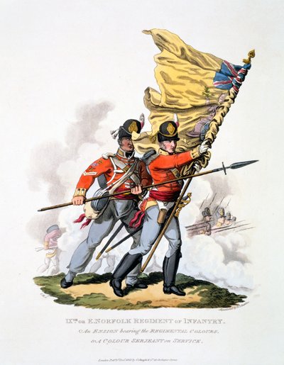 Uniforma a barvy 9. pěšího pluku z Východního Norfolku, z knihy "Costume of the British Empire, according to the Last Regulations", vydané v roce 1813 (ručně kolorovaná akvatinta) od Charles Hamilton Smith