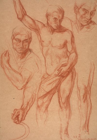 Studie mužské postavy s opakovanými studiemi hlavy, paží, ramene a nohy (náčrty pro středový panel "Podzimu"), 8. duben od Charles Haslewood Shannon
