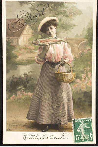 Stará pohlednice/Aprílová ryba/Žena z Belle Epoque od Augustus Kollner