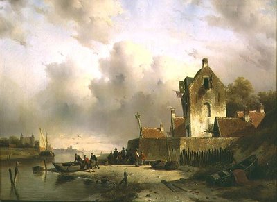 Ústí s rybáři u přístaviště od Charles Henri Joseph Lieckert