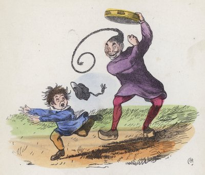Chlapec vyděšený Číňanem hrajícím na tamburínu (barevná rytina) od Charles Henry (after) Bennett