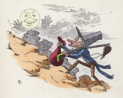 Muž šplhající na kopec, aby střílel na Měsíc (barevná rytina) od Charles Henry (after) Bennett