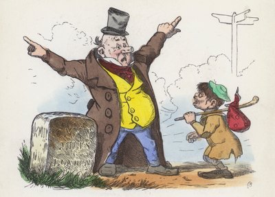 Muž dává matoucí pokyny cestujícímu na cestě do Londýna (barevná rytina) od Charles Henry (after) Bennett