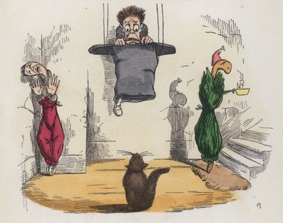 Muž visící u stropu v klobouku, protože se bojí kočky (barevná rytina) od Charles Henry (after) Bennett