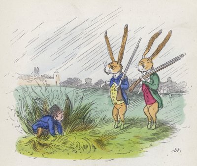 Dva antropomorfní králíci na lovu (barevná rytina) od Charles Henry (after) Bennett