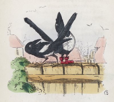 Dvě straky na zahradním plotu (barevná rytina) od Charles Henry (after) Bennett