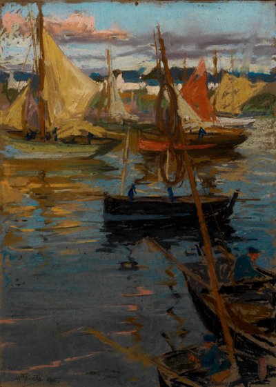 Večerní záře s růžovou stezkou ve stínu (Boats Concarneau) od Charles Henry Fromuth