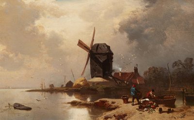 Německy: Bockwindmühle an einem Seeufer Poštovní mlýn na břehu jezera od Charles Hoguet