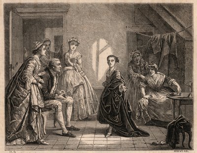 Dětství mademoiselle Clairon: mladá Claire-Josephe (Claire Josephe) Leris (1723-1803) recituje verše hry, kterou právě viděla. Stala se komikou pod jménem „Mademoiselle Clairon“ nebo „“ La Clairon“. Rytina z roku 1862 od malíře od Charles Housez