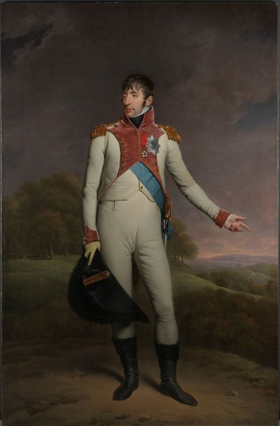 Portrét Ludvíka Napoleona, krále Holandska Louis Napoleon (1778-1846), král Holandska v letech 1806 až 1810, v uniformě pěších plavčíků, zdobený Velkým křížem Královského řádu Unie Holandska a Důstojnickým křížem L. od Charles Howard Hodges