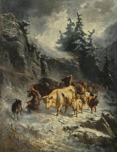 Francouzsky: Troupeau dans une tempête de neige Stádo ve sněhové bouři od Charles Humbert