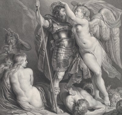 Hrdina korunovaný vítězstvím, který si na hlavu položí vavřínový věnec, Venuše a Amor v..., ca. 1735-61. od Charles Hutin