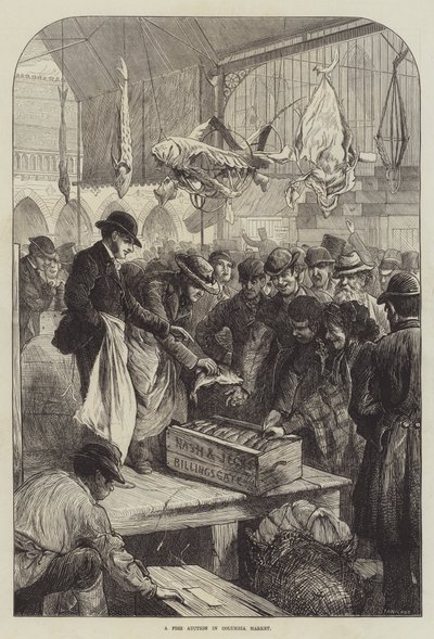 Rybí aukce na Columbia Market (rytina) od Charles J. (after) Staniland