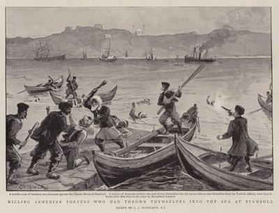 Zabíjení arménských nosičů, kteří se vrhli do moře u Stamboulu od Charles J. Staniland