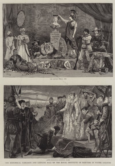 Historické výjevy a kostýmní ples Královského institutu malířů ve vodových barvách od Charles J. Staniland