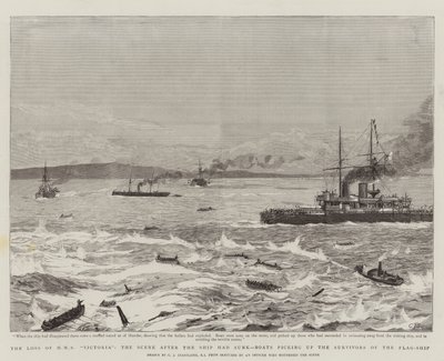 Ztráta HMS Victoria, scéna poté, co se loď potopila, čluny nabírající přeživší z vlajkové lodi od Charles J. Staniland