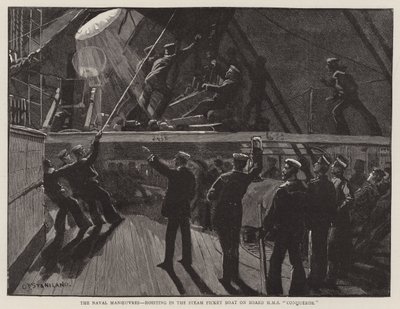 Námořní manévry, zvedání parního demonstračního člunu na palubě HMS Conqueror od Charles J. Staniland
