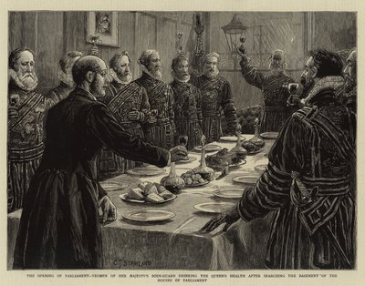 Otevření parlamentu, gardisté Jejího Veličenstva popíjeli královnino zdraví po prohledání suterénu budov parlamentu od Charles J. Staniland