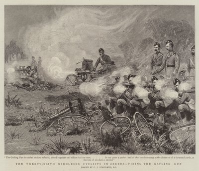 Dvacátý šestý Middlesex Cyklisté v Zerebě, střílející z Gatling Gun od Charles J. Staniland