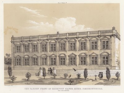 Zahradní průčelí Brympton Manor House, Somersetshire, Inigo Jones, architekt (barva litho) od Charles James Richardson