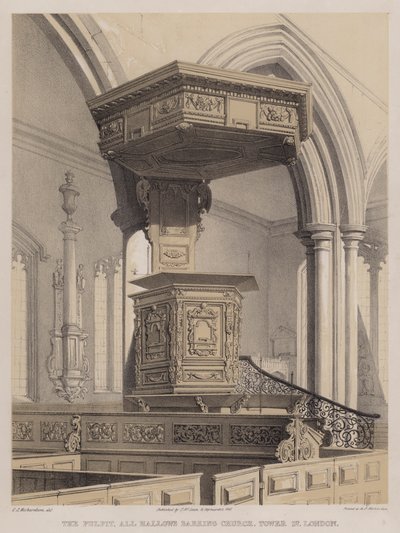 Kazatelna, All Hallows Barking Church, Tower Street, Londýn (barevné lito) od Charles James Richardson