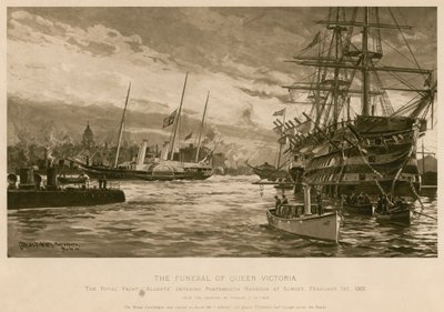 Pohřeb královny Viktorie. Royal Yacht Alberta, nesoucí královnino tělo, vplouvající do přístavu Portsmouth při západu slunce od Charles John de (after) Lacy