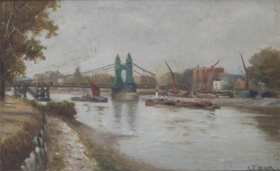 Hammersmith Bridge - současný - po roce 1887 - při pohledu z pobřeží Surrey od Charles John de Lacy