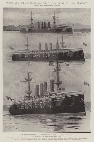 Námořníci jako korunovační dekorace, živé zařízení na HMS Terrible od Charles John de Lacy
