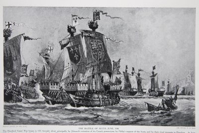 Bitva u Sluys, 24. června 1340, ilustrace z „Hutchinsonova příběhu britského národa“, kolem roku 1923 od Charles John de Lacy